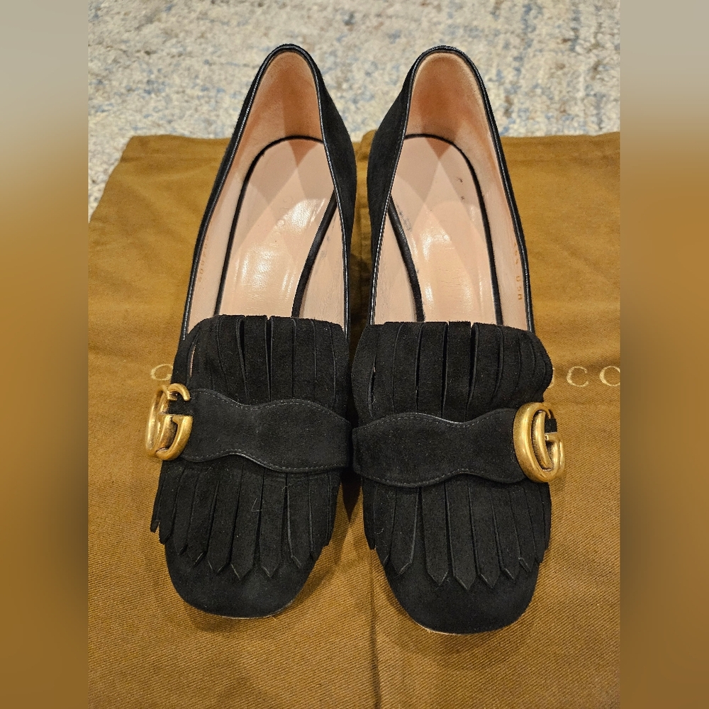 Gucci Marmont Black Suede Block Heels EU 35.5 with Fringe and classic GG logo